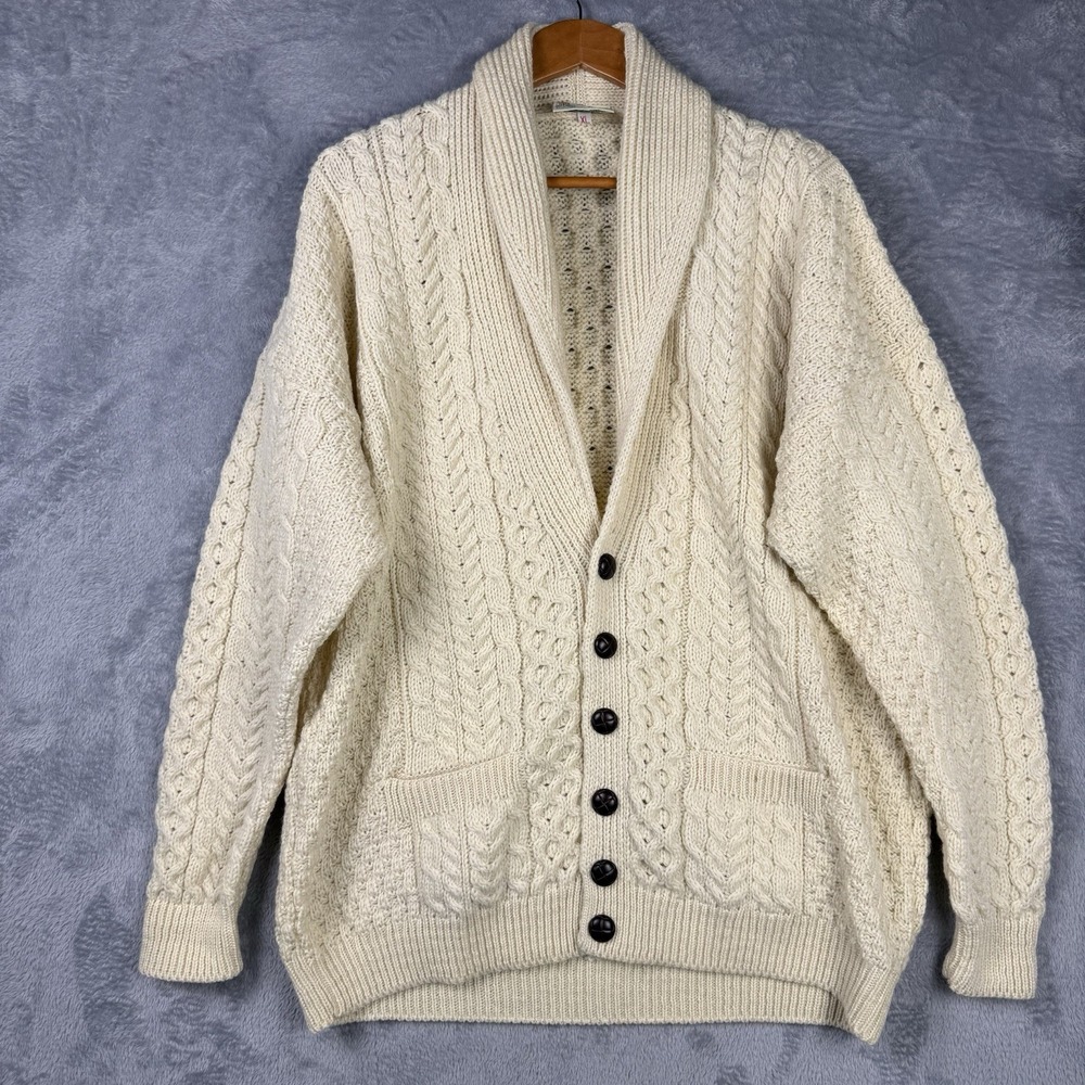 Carraig Donn Cardigan Sweater XL Cream 100% Merino Wool Ireland Fisherman Shawl